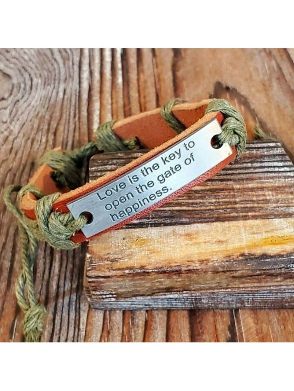 Brown Green Love is The Key Leather Silver Pewter Adjustable Bracelet